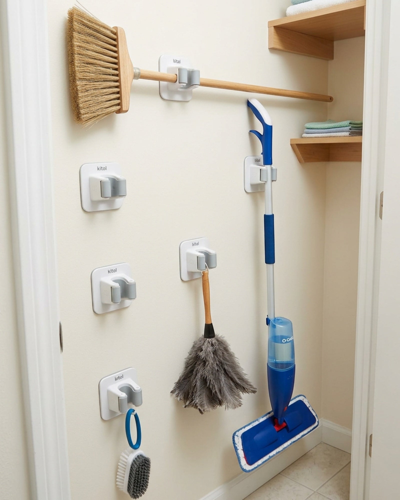 KITAL Adhesive Broom Mop Wall Hook Set White 6 Piece