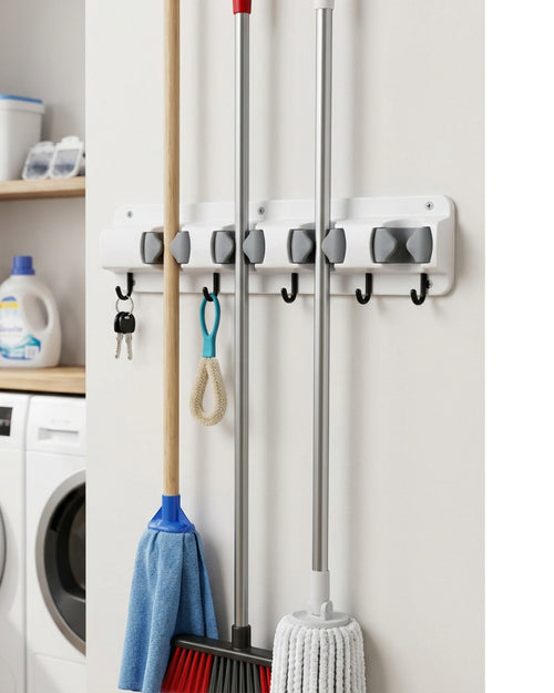 KITAL Railgrip Wall Mop Broom Organizer 5 Grips 6 Hooks White Gray - Lifestyle view