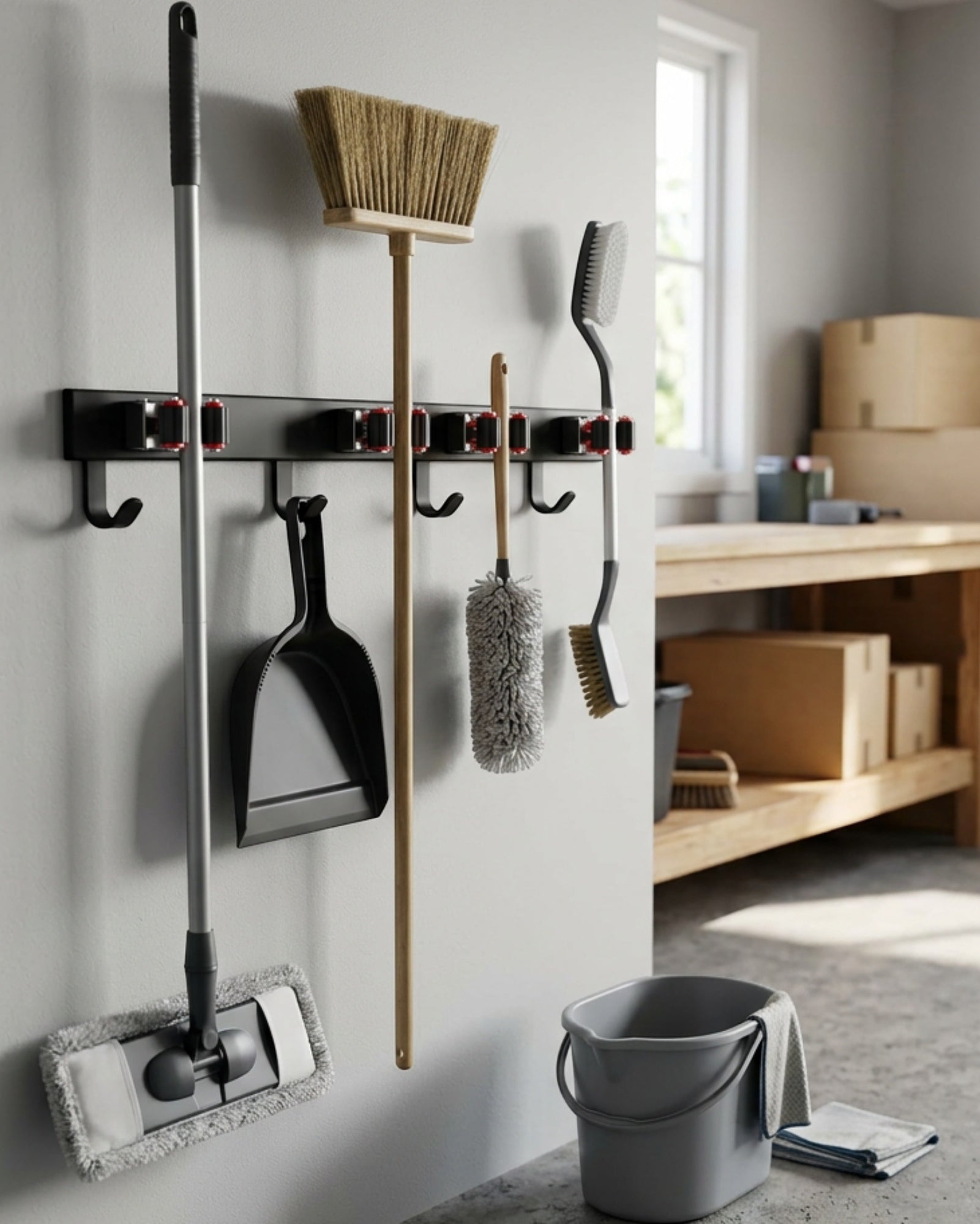 KITAL Slim Metal Broom Mop Rail Black 4 Grip 4 Hook