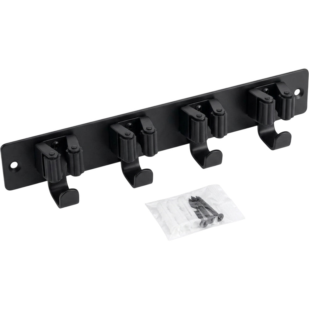 KITAL Slim Metal Broom Mop Rail Black 4 Grip 4 Hook