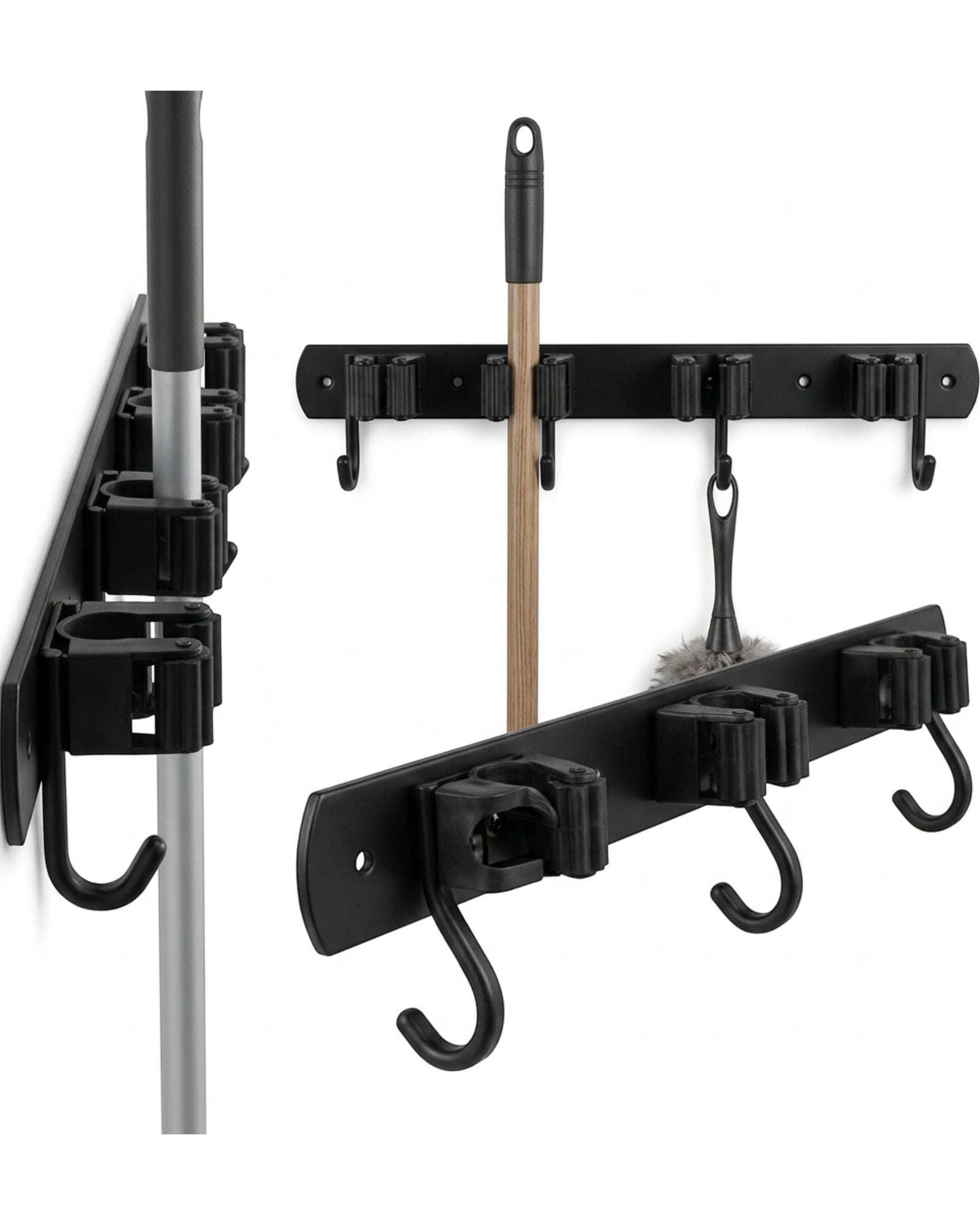 KITAL Slim Metal Broom Mop Rail Black 4 Grip 4 Hook