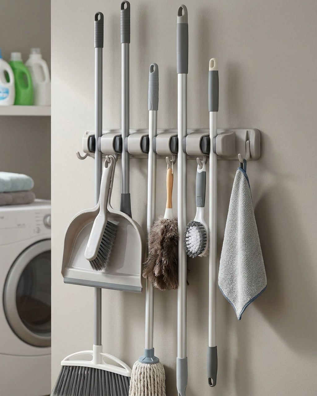 KITAL Wall Mop Broom Holder Gray 5 Slot 6 Hook